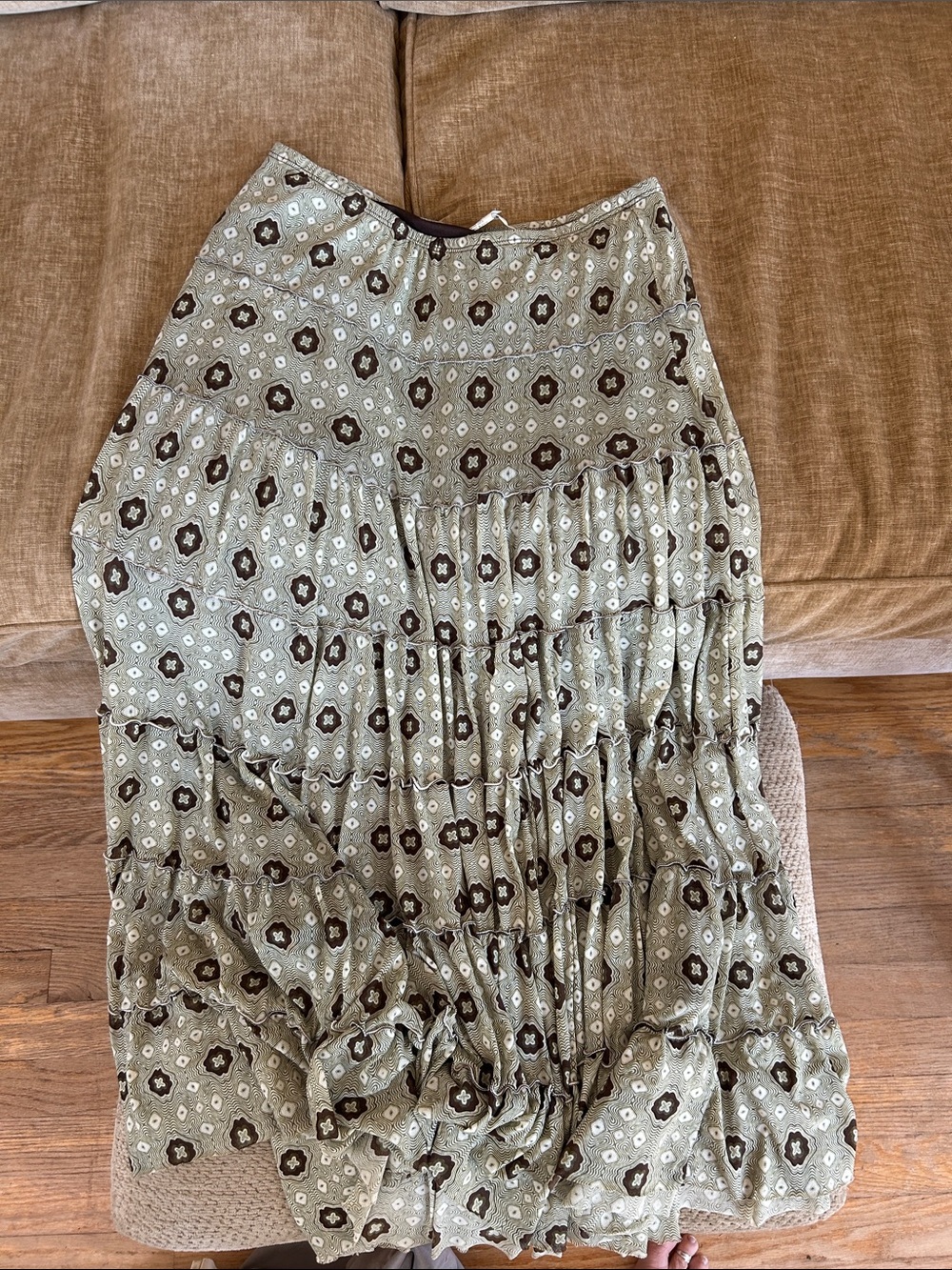 Max Studio Tiered Maxi Skirt in Olive Green and Cream with brown accents